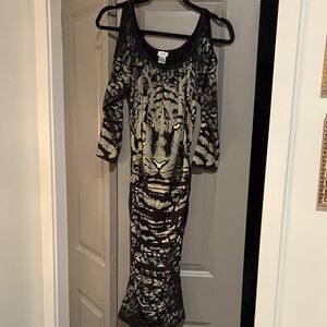 Black and Cream Tiger-Print Cold-Shoulder Maxi Dress